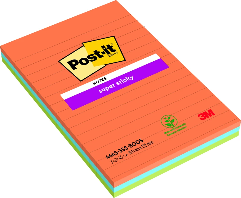 Karteczki samoprzylepne Post-it Super Sticky XXL, w linie, 101x152mm, 3x 45 karteczek, mix kolorów